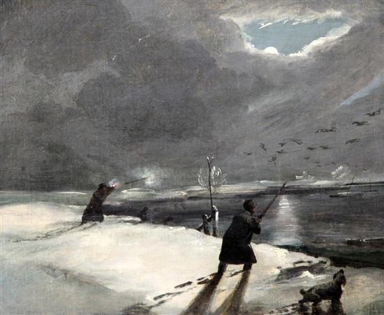 After Cornelius David Krieghoff (1812-1872) Shooting geese by moonlight 10 x 12in., unframed